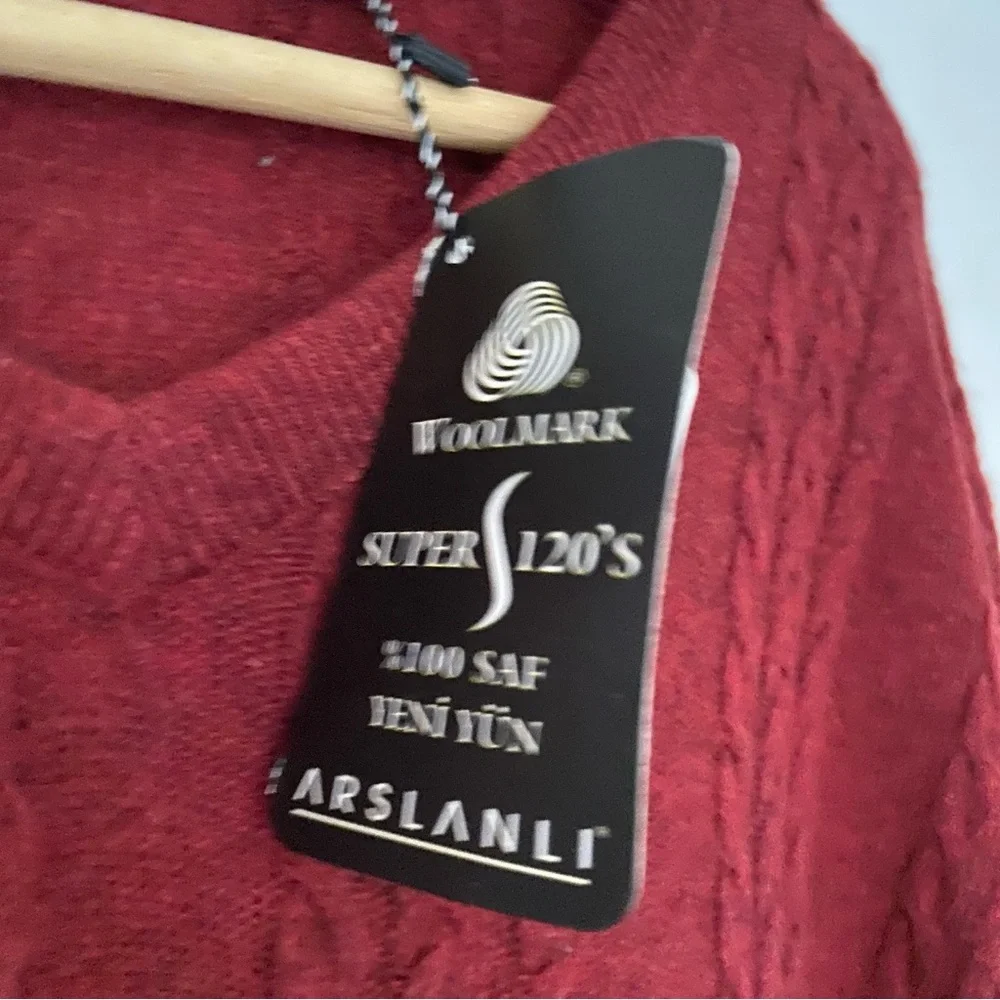 ARSLANLI DEEP RED/BURGUNDY V NECK CABLE KNIT WOOL BLEND SWEATER, LARGE - Picture 8 of 12